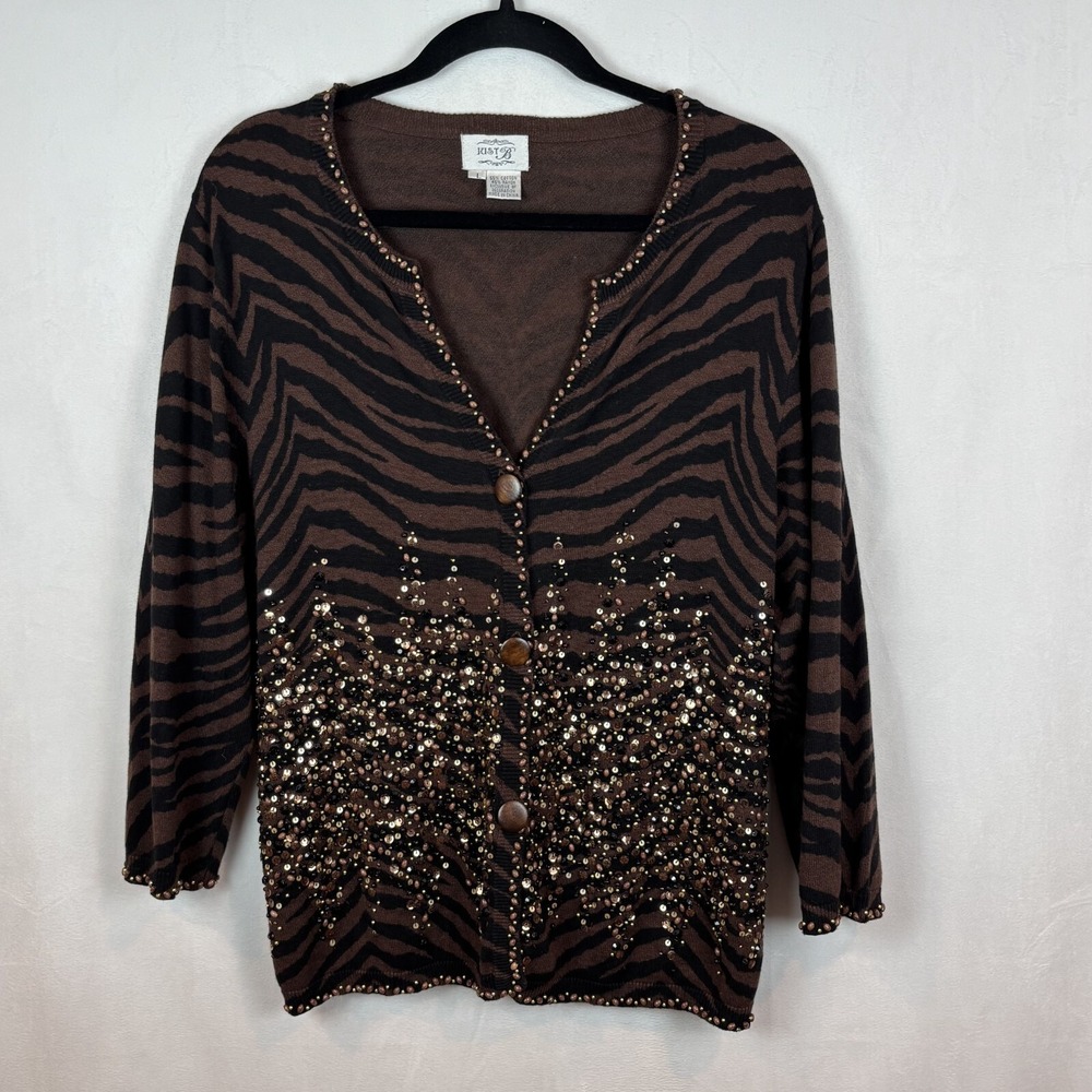 Vintage Just B Sequin Brown Animal Print Y2K Cotton Cardigan SZ L Y2K whimsigoth